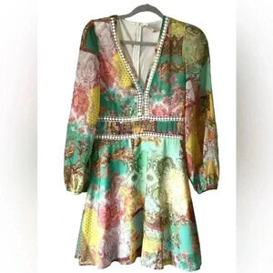 Boho green pink floral paisley print mini dressSize Small